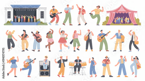 People dancing and playing music at outdoor festival with band performing on stage and audience enjoying