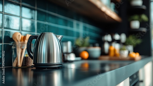 A sleek stainless steel kettle placed on a modern kitchen counter, beautifully lit to emphasize its design, perfect for showcasing kitchen elegance and functionality.