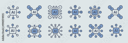 Data integration and AI processing block icons – Great for software engineering, cloud data flows, or tech infographics.