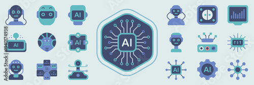 Hexagonal AI command hub and automation icons – Suitable for enterprise software, machine learning visuals, or IT portals.
