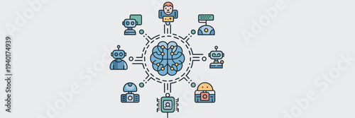 Neural network command center and AI agent icons – Perfect for chatbot platforms, data processing, or technical documentation.