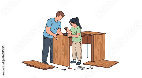 Illustration of a man and woman assembling furniture with scattered parts on the floor in a minimalist setting.
