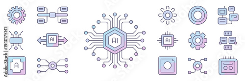 Hexagonal AI core and modular agent icons – Ideal for technical branding, software dashboards, or cloud networks.