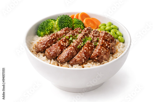 beef teriyaki rice bowl clean white background