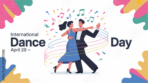 Couple dancing together on international dance day april 29 surrounded by colorful confetti and music notes in a lively illustration
