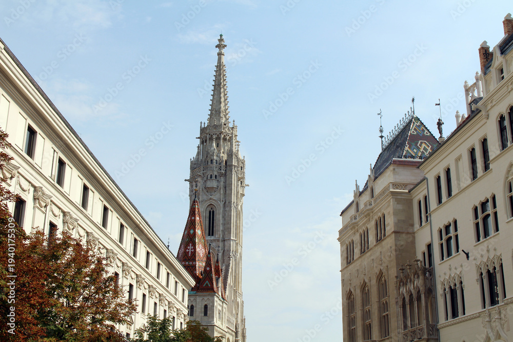 Obraz premium Matthias Church tower Budapest August 2024 neogothic spire at Trinity Square