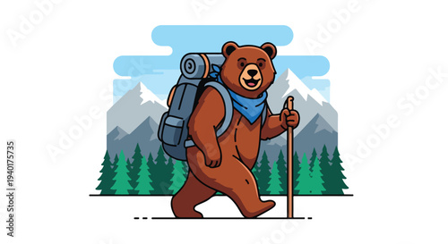 Illustration of a brown bear hiking with a backpack and walking stick in front of mountains and trees.