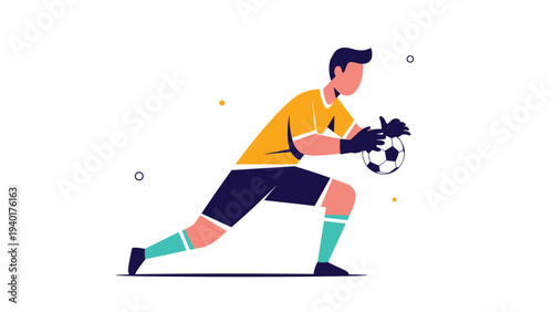 Soccer goalkeeper in action catching a football during a match, illustrating sportsmanship, defense, and athletic skill.
