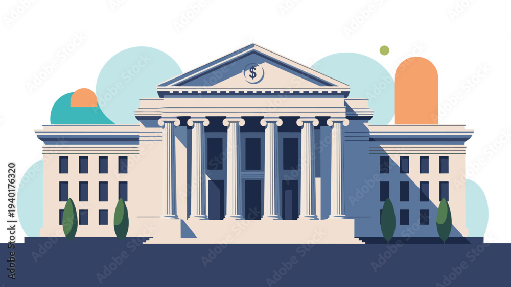 Obraz premium Neoclassical bank or courthouse building with columns and a dollar sign symbol representing finance, law, or government.
