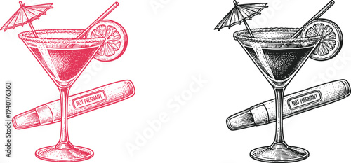 Martini Cocktail Pregnancy Test Vintage Illustration