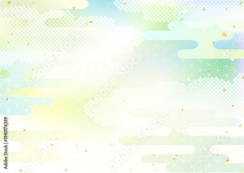 新緑風グラデーションと日本の伝統的な模様を組み合わせた和風背景イラスト

