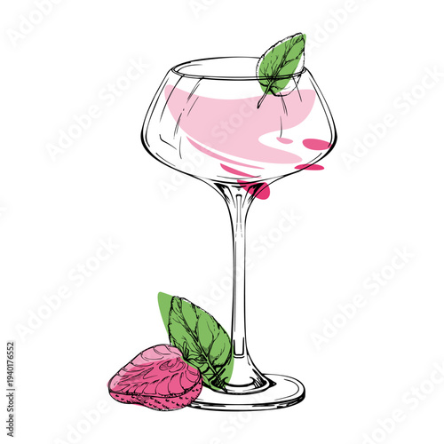 Stylized Strawberry Daiquiri, Margarita cocktail in coupe glass hand drawn in ink. Vector composition, minimalist contour and mint accent. Ideal for tropical branding, lifestyle graphics, and posters.
