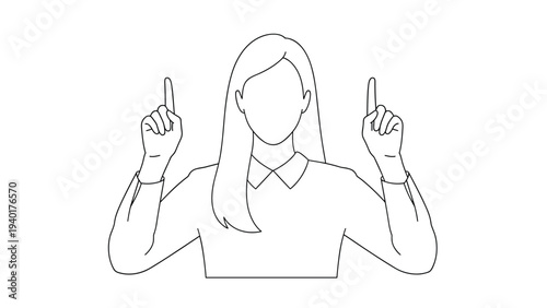 Line drawing of a professional woman in a collared shirt pointing upwards with both hands to emphasize an idea or concept.