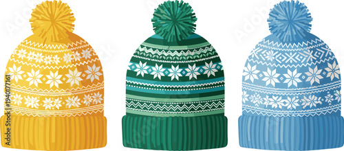 Winter knitted hats with pompom and snowflake pattern warm beanie vector illustration set