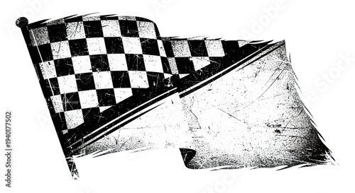 Waving Checkered Flag, Grunge Style, Racing Symbol, Isolated on White