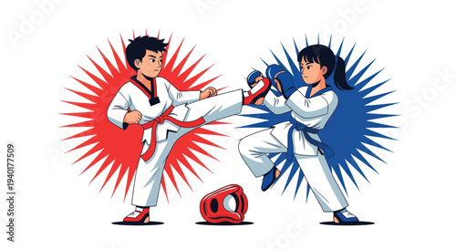 Young Taekwondo Fighters Sparring, Dynamic Action, Martial Arts Training