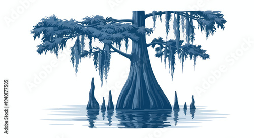 Cypress Tree in Swamp with Spanish Moss and Knees, Blue Tones