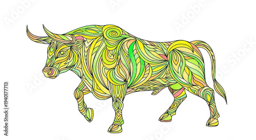 Intricate Abstract Bull Illustration, Colorful Patterned Animal Art