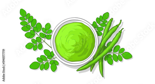 Moringa powder and leaves, healthy superfood illustration