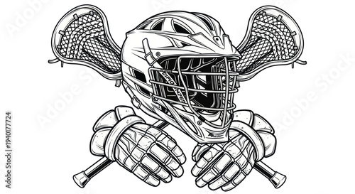 Lacrosse Helmet Crossed Sticks and Gloves Emblem Sport Graphic