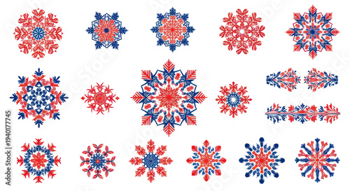 Red and Blue Snowflake Ornaments Set, Winter Holiday Decorative Elements