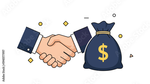 Two business people shaking hands in agreement next to a large blue money bag with a dollar sign for a successful financial deal.