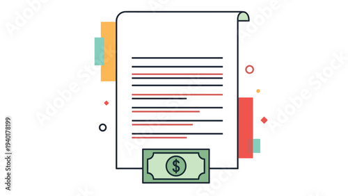 Legal document or contract with red lines highlighting important sections and a green dollar bill at the bottom for payment.