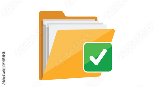 Yellow office folder containing several sheets of paper with a large green checkmark icon representing a task or project completion.