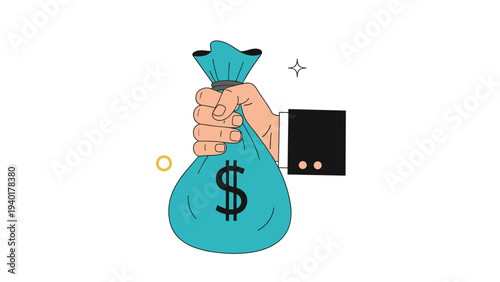 Hand of a businessman holding a large blue sack filled with money and marked with a dollar sign representing wealth and profit.