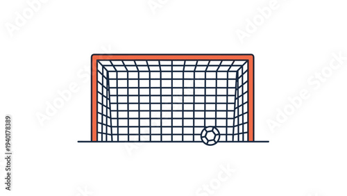 Soccer goal net with a white ball sitting on the goal line against a white background representing sports scoring and football.