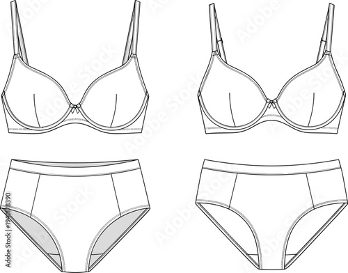 Women bra and panties underwear set technical fashion outline template lingerie vector illustration