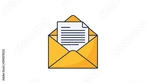 Open yellow mail envelope with a white document inside showing text lines representing an incoming letter or official notification.