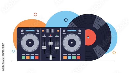Professional dj turntable setup with a mixing console and a black vinyl record against a colorful abstract circle background.