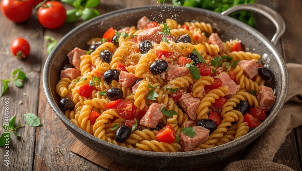 Fototapeta premium Tuna, tomato, and olive pasta salad in a dish