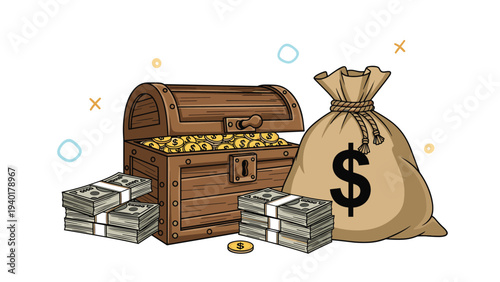 Wooden treasure chest overflowing with gold coins next to a large money bag and stacks of cash bills.