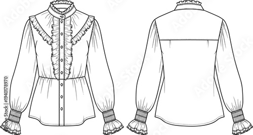 Women vintage ruffle blouse fashion technical drawing front and back view elegant long sleeve shirt vector