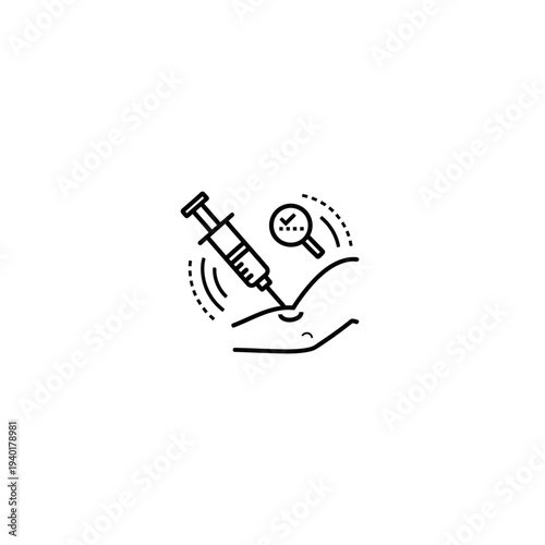 A black line drawing of a syringe injecting into a hand with a magnifying glass