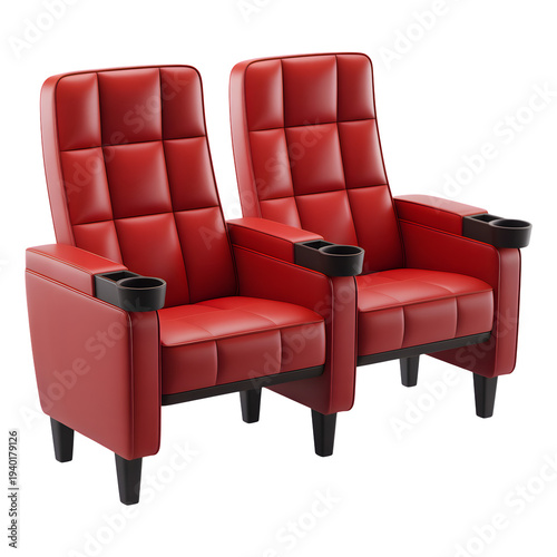 Red leather cinema seats perfect for movie theater isolated on transparent background