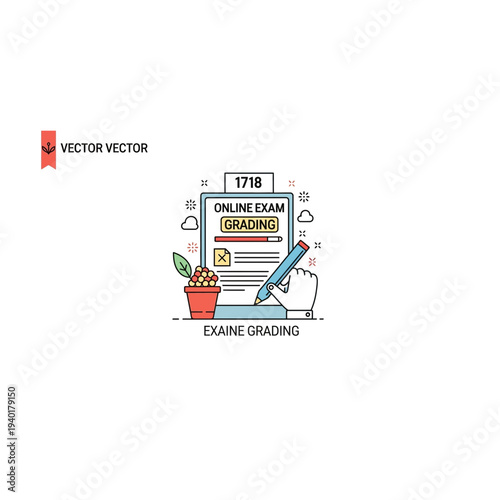 A colorful illustration of a document with a pencil and potted plant on a desk with various office supplies around
