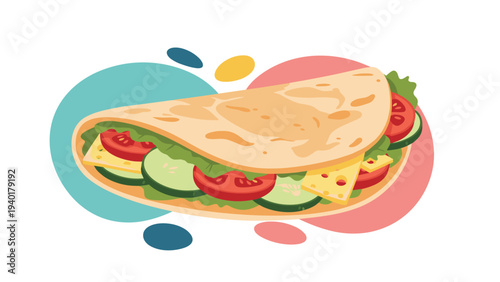 Delicious tortilla wrap filled with lettuce, tomato, cucumber, and cheese slices with colorful background shapes.
