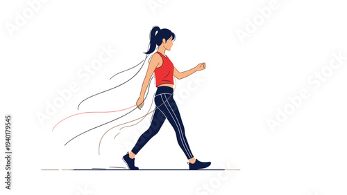 Minimalist illustration of a woman in athletic wear walking briskly with dynamic lines suggesting high speed.