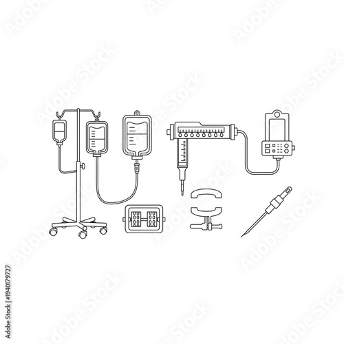 Medical equipment setup with iv poles and infusion pumps