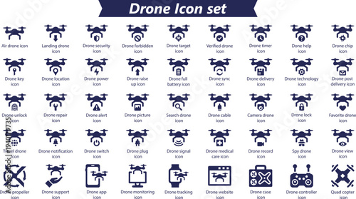 Extensive professional drone icon set featuring specialized symbols for security, medical aid, delivery logistics, aerial photography, and smart device monitoring.