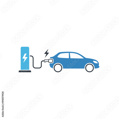 Electric car charging at a station with a blue vehicle