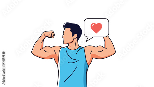 Muscular man in a blue tank top flexing his strong bicep with a heart icon displayed in a small speech bubble.