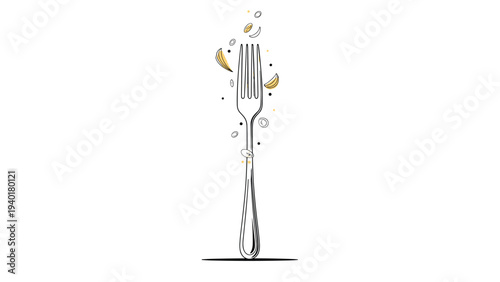 Artistic line drawing of a silver fork with small abstract details suggesting delicious flavor or fast movement.