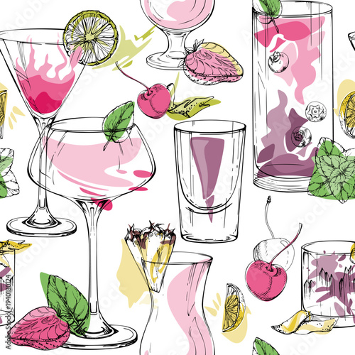 Pastel rosy cocktails, shots, summer drinks with tropical pineapple wedge, citrus wheels, cherry berry. Seamless hand drawn pattern for lifestyle prints, beauty branding, wallpaper and themed merch.