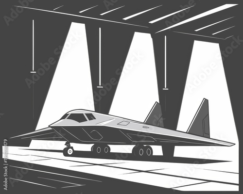 Sleek futuristic stealth bomber with sharp angles resting inside a hangar