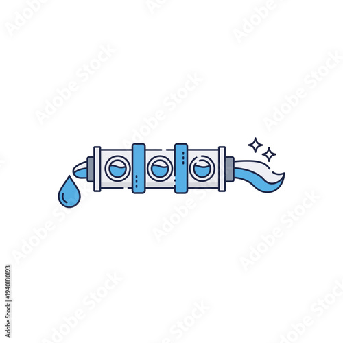 A blue and white adjustable wrench with a drop of liquid coming out