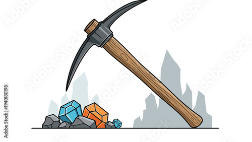 Detailed illustration of a pickaxe striking the ground next to a pile of colorful gems and rocks in a mine.